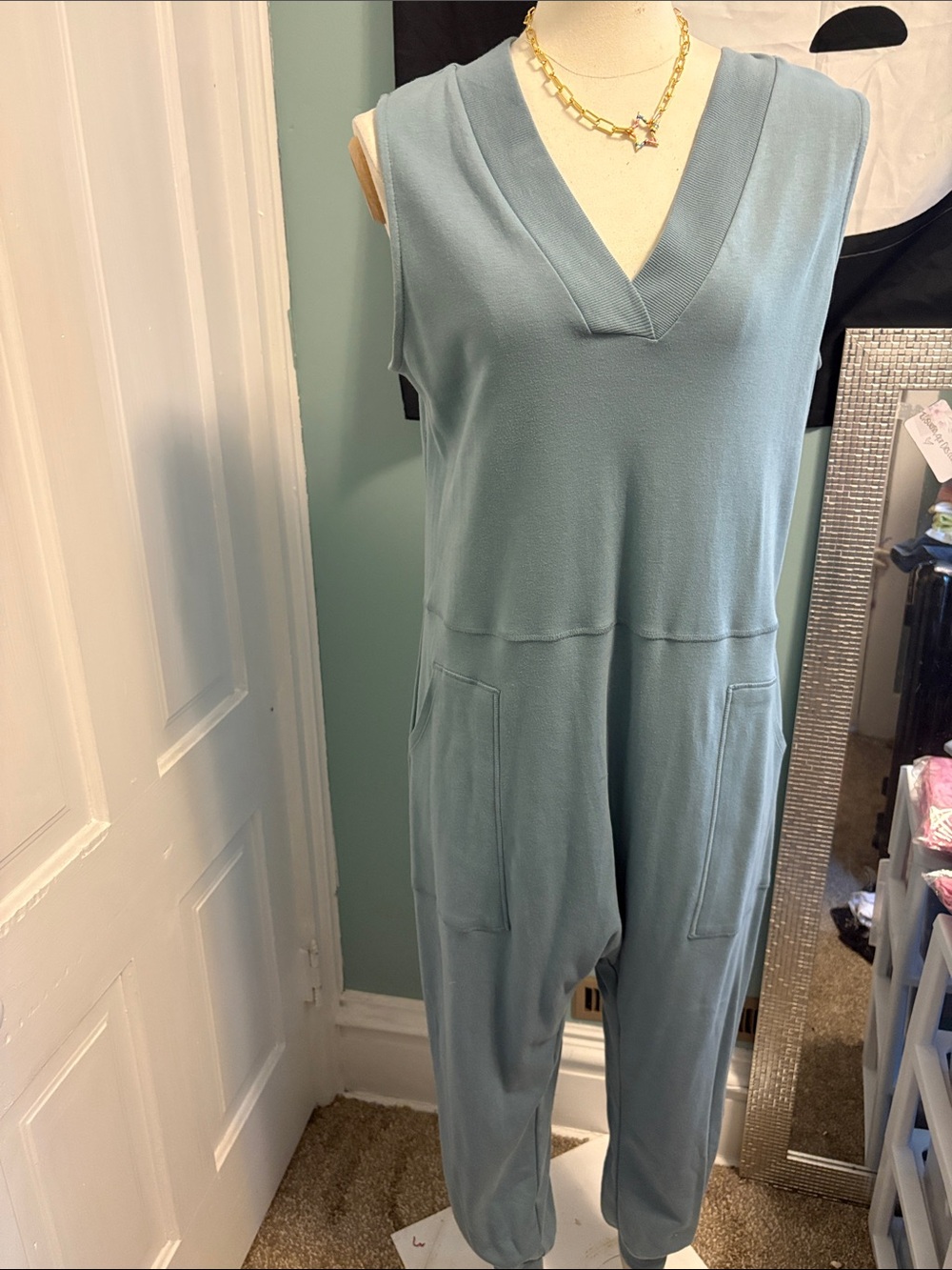 Sleeveless V-Neck Sage Jumpsuit with Patch Pockets